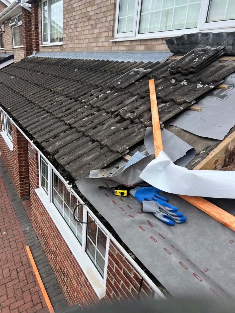 This is a photo of a pitched roof which is being repaired. The existing roof was leaking badly. Works carried out by Mildenhall Roofing Repairs